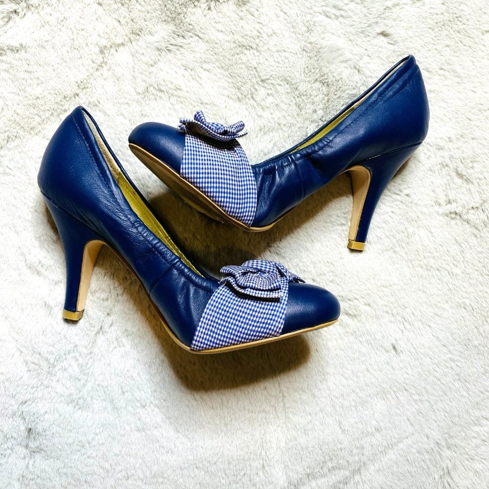Seychelles Womens Retro Pin Up‎ Blue Leather Gingham Bow 4" Heels Size 8.5